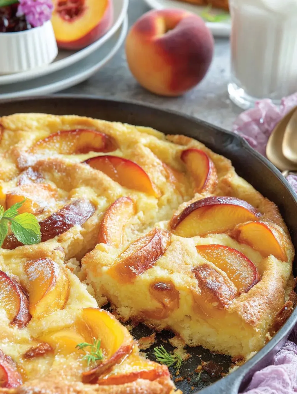 A peach clafoutis French dessert in a pan.