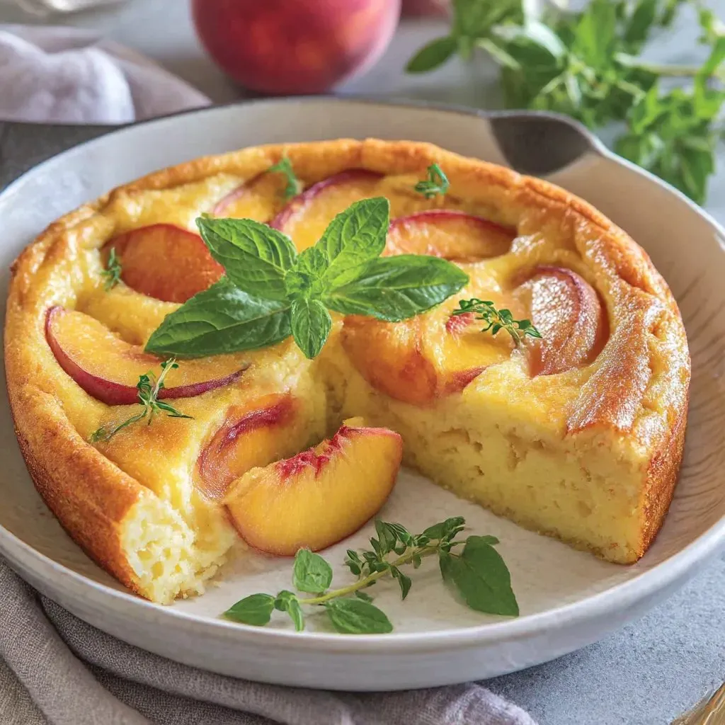 A slice of peach clafoutis on a plate.