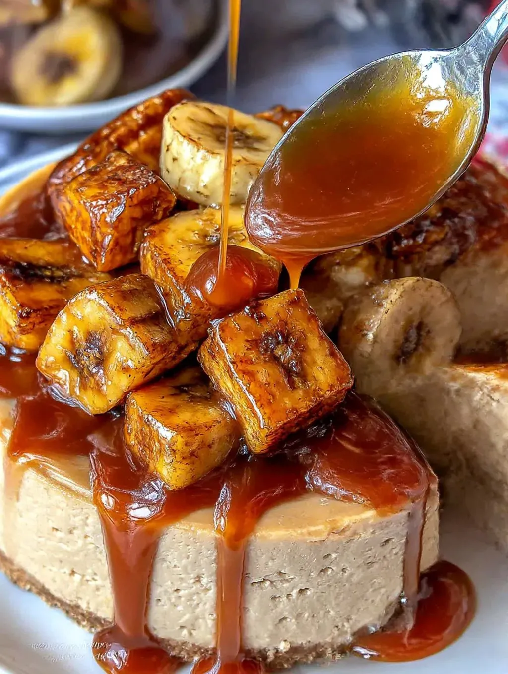 A slice of caramelized banana cheesecake with a rum glaze.