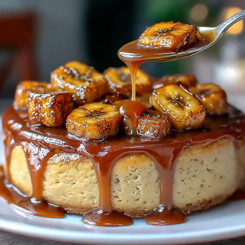 A slice of caramelized banana cheesecake with rum glaze.