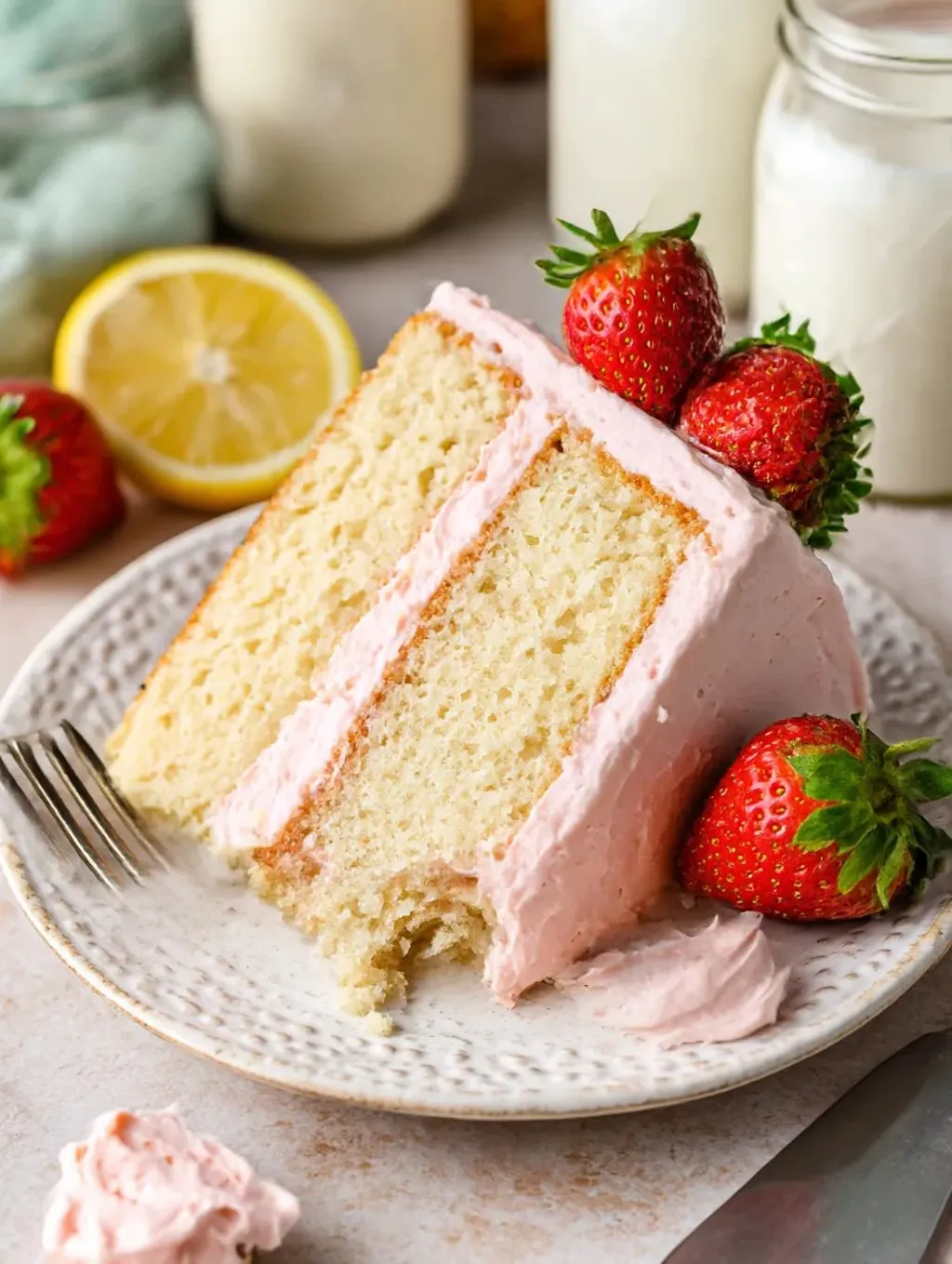 A slice of strawberry lemon cake on a plate.