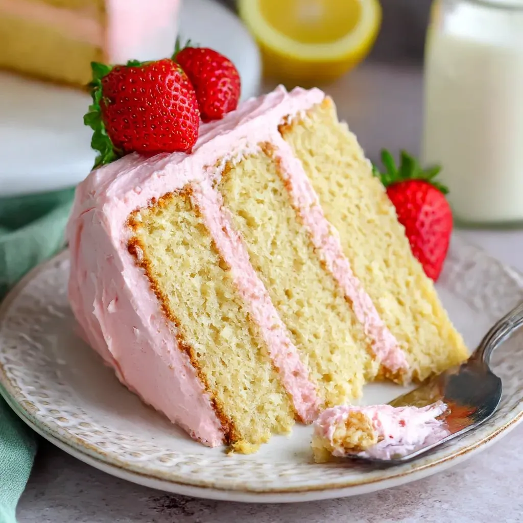 A slice of strawberry lemon cake on a plate.