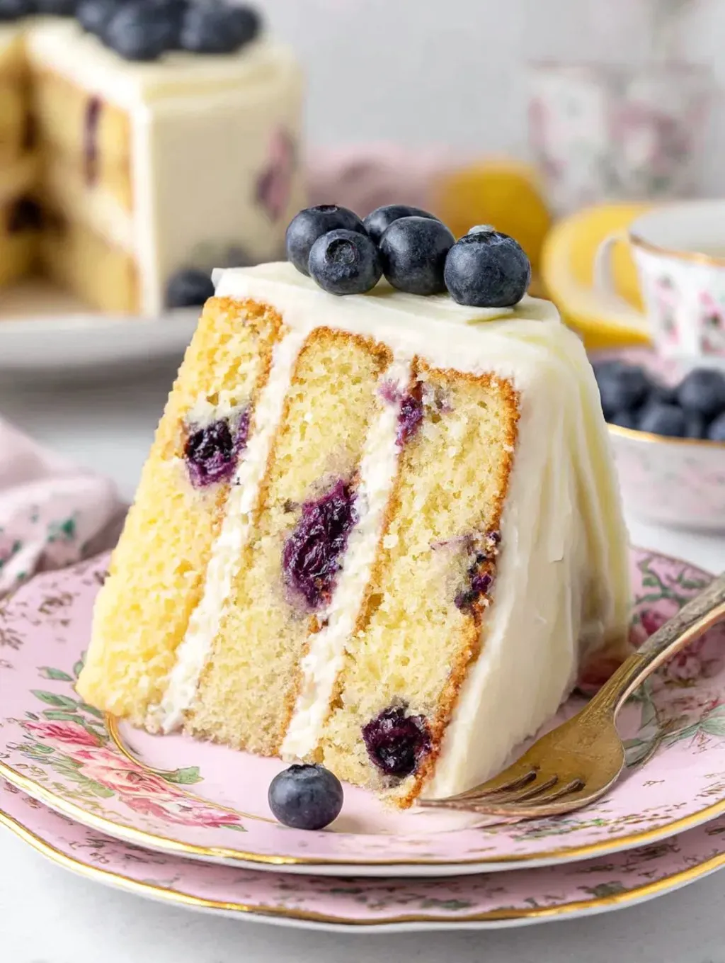 A slice of lemon blueberry cake.