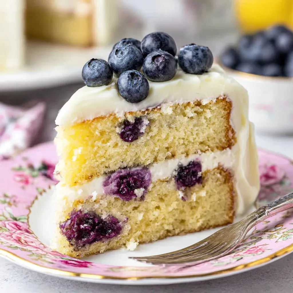 A slice of lemon blueberry cake on a plate.