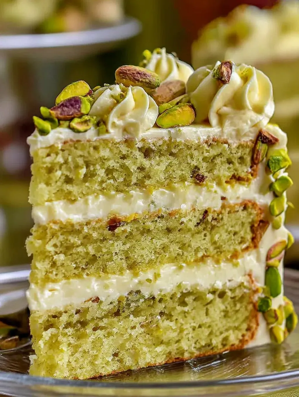 A slice of pistachio cake.