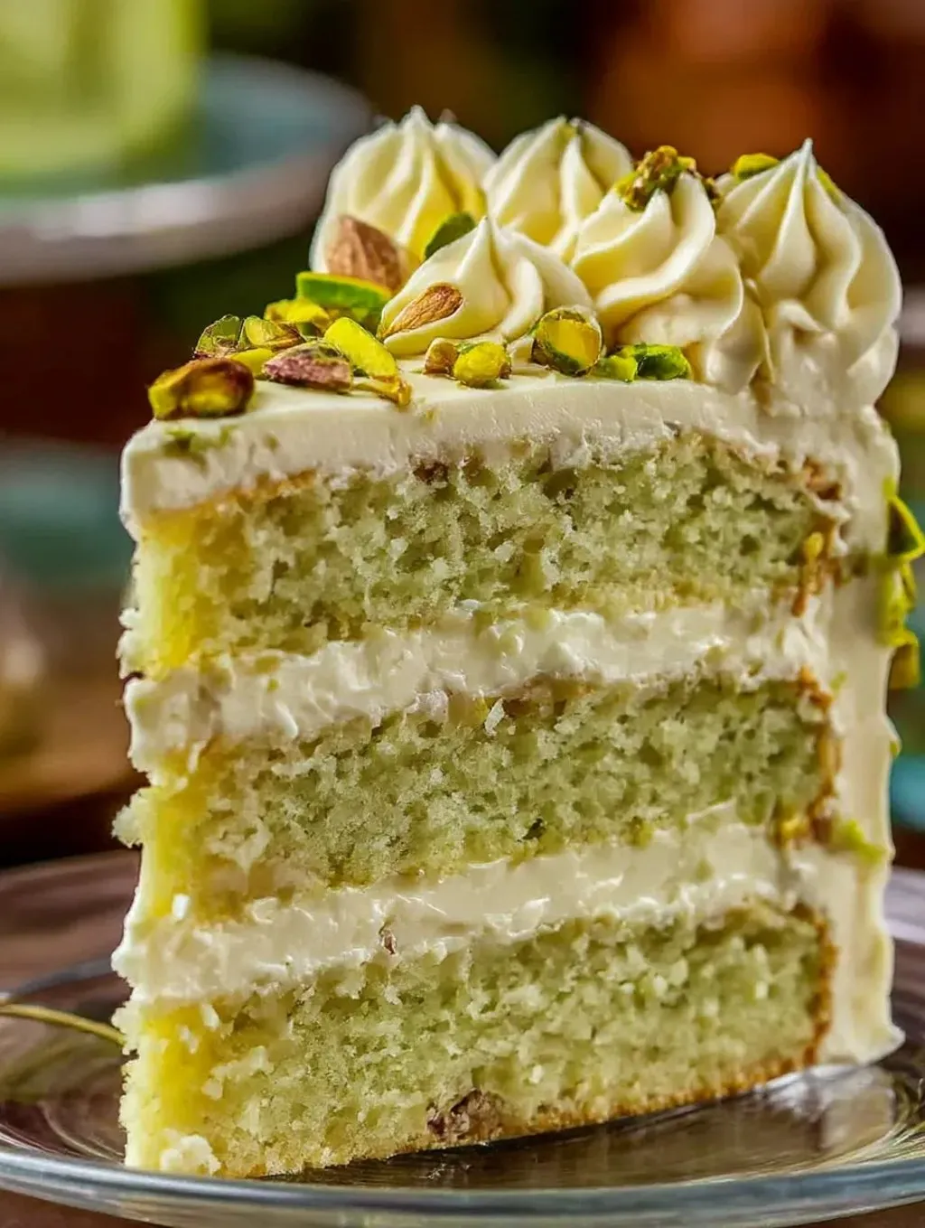 A slice of pistachio cake.