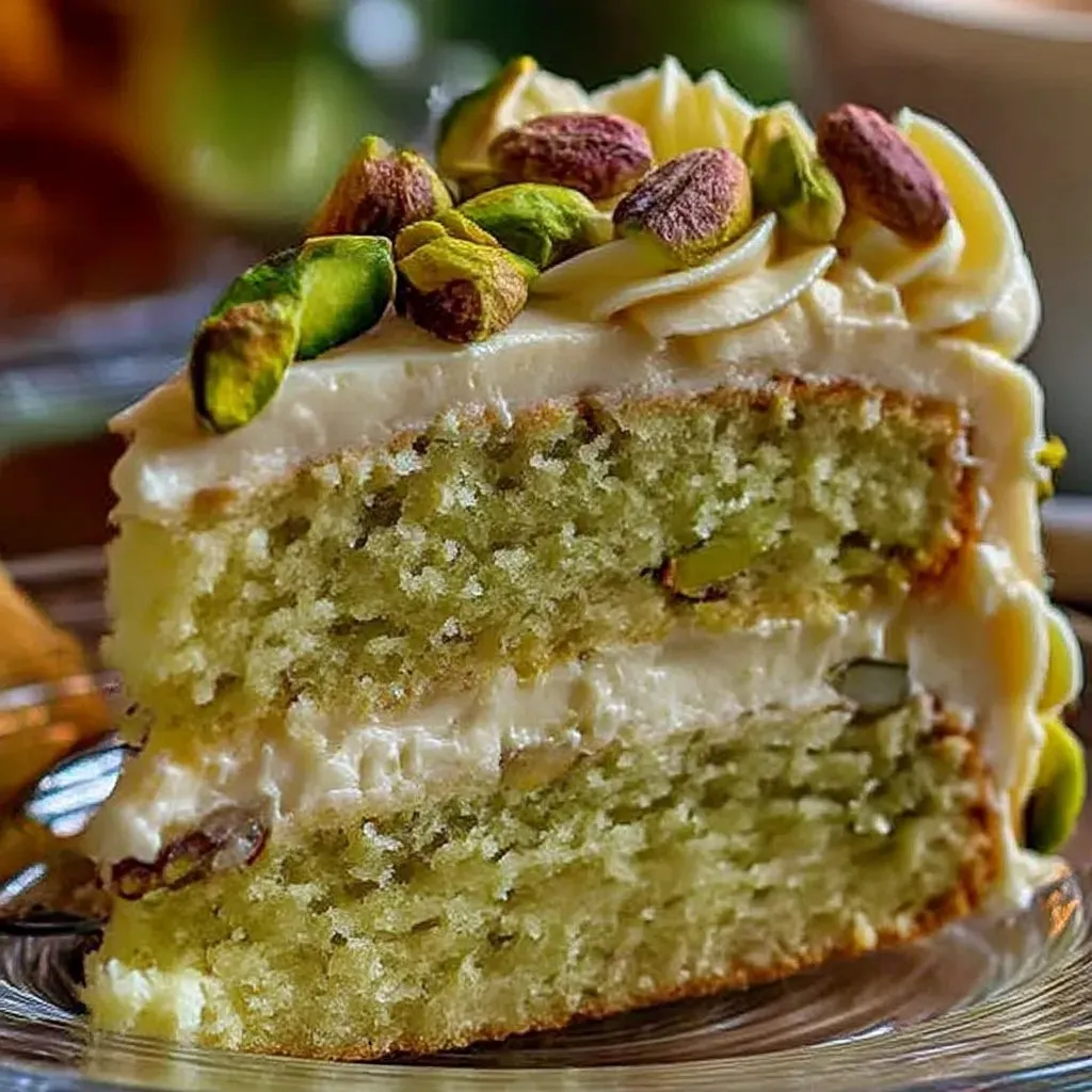 A slice of pistachio cake on a plate.