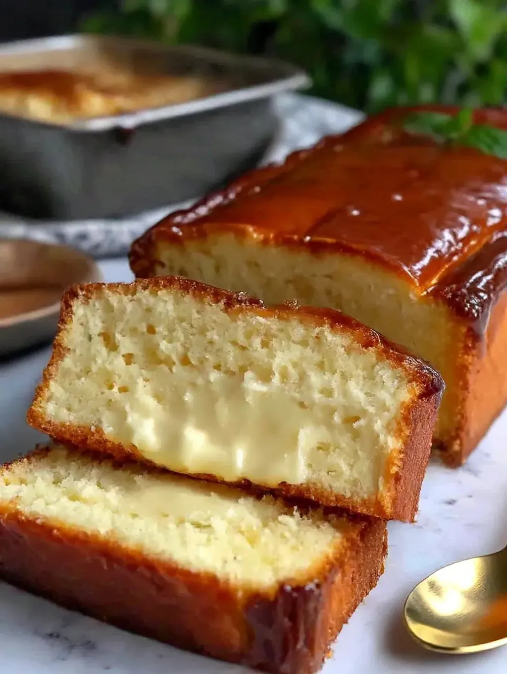 A slice of burnt Basque cheesecake in a loaf pan.