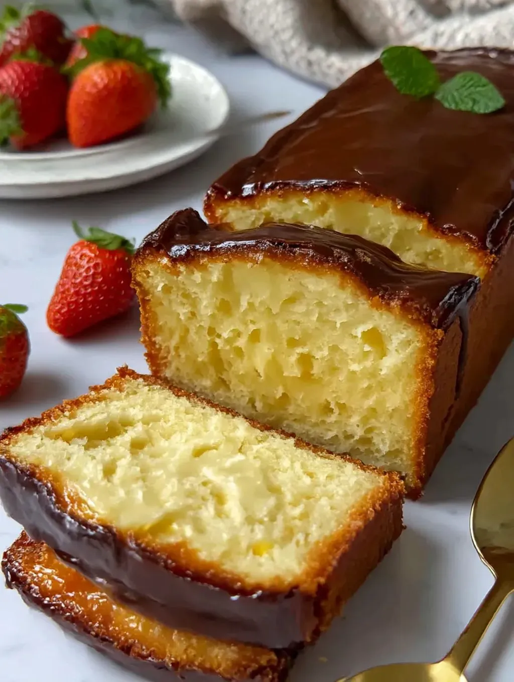 A slice of burnt Basque cheesecake in a loaf pan.