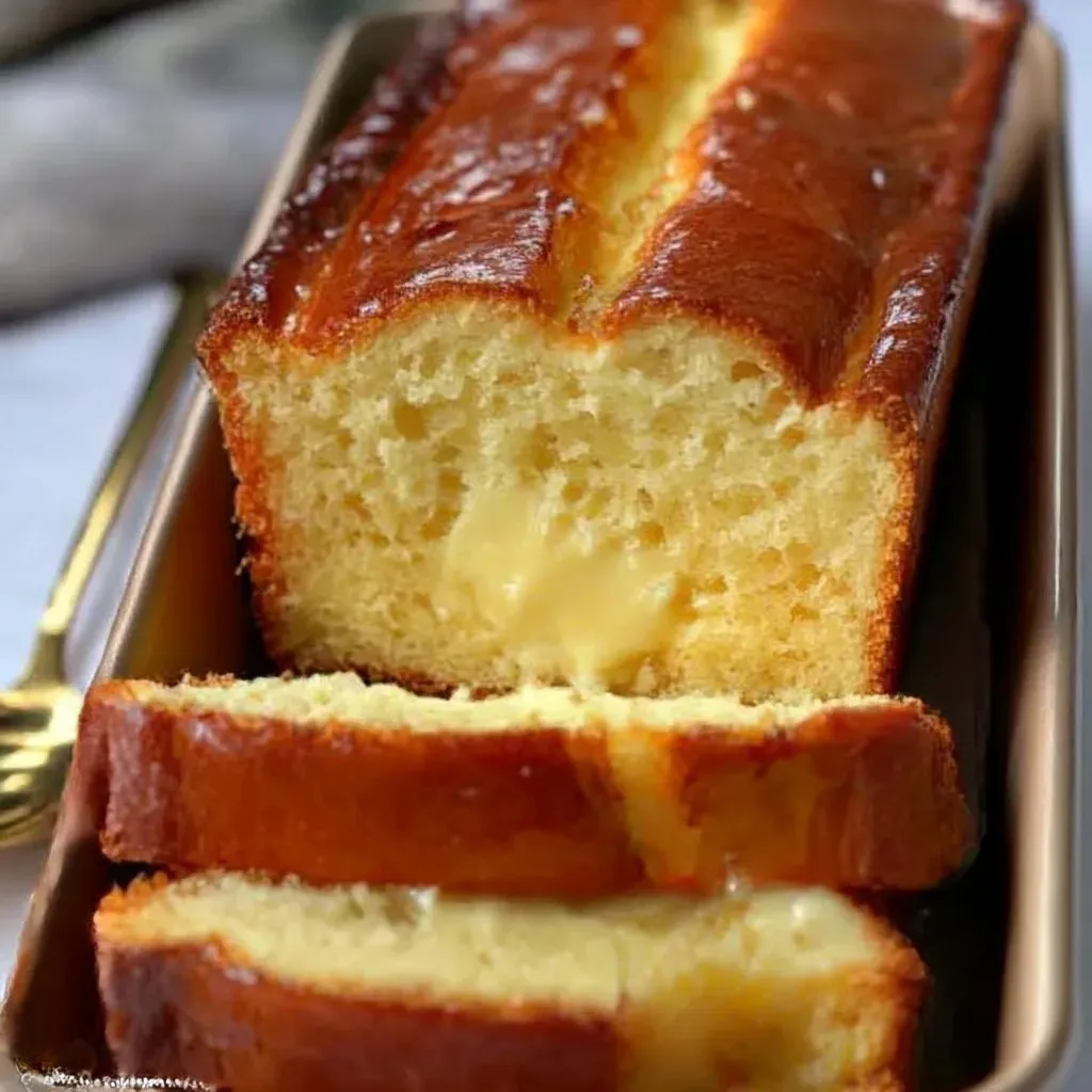 A slice of burnt Basque cheesecake in a loaf pan.