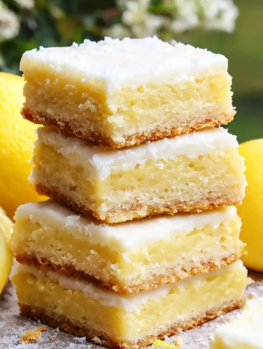 Three stacks of lemon brownies.