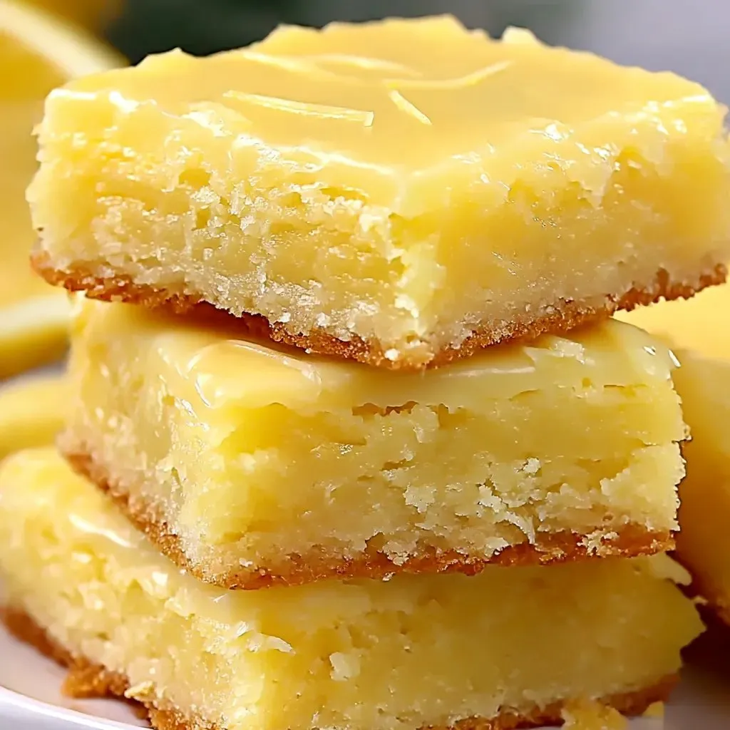 Lemon brownies stacked on a plate.