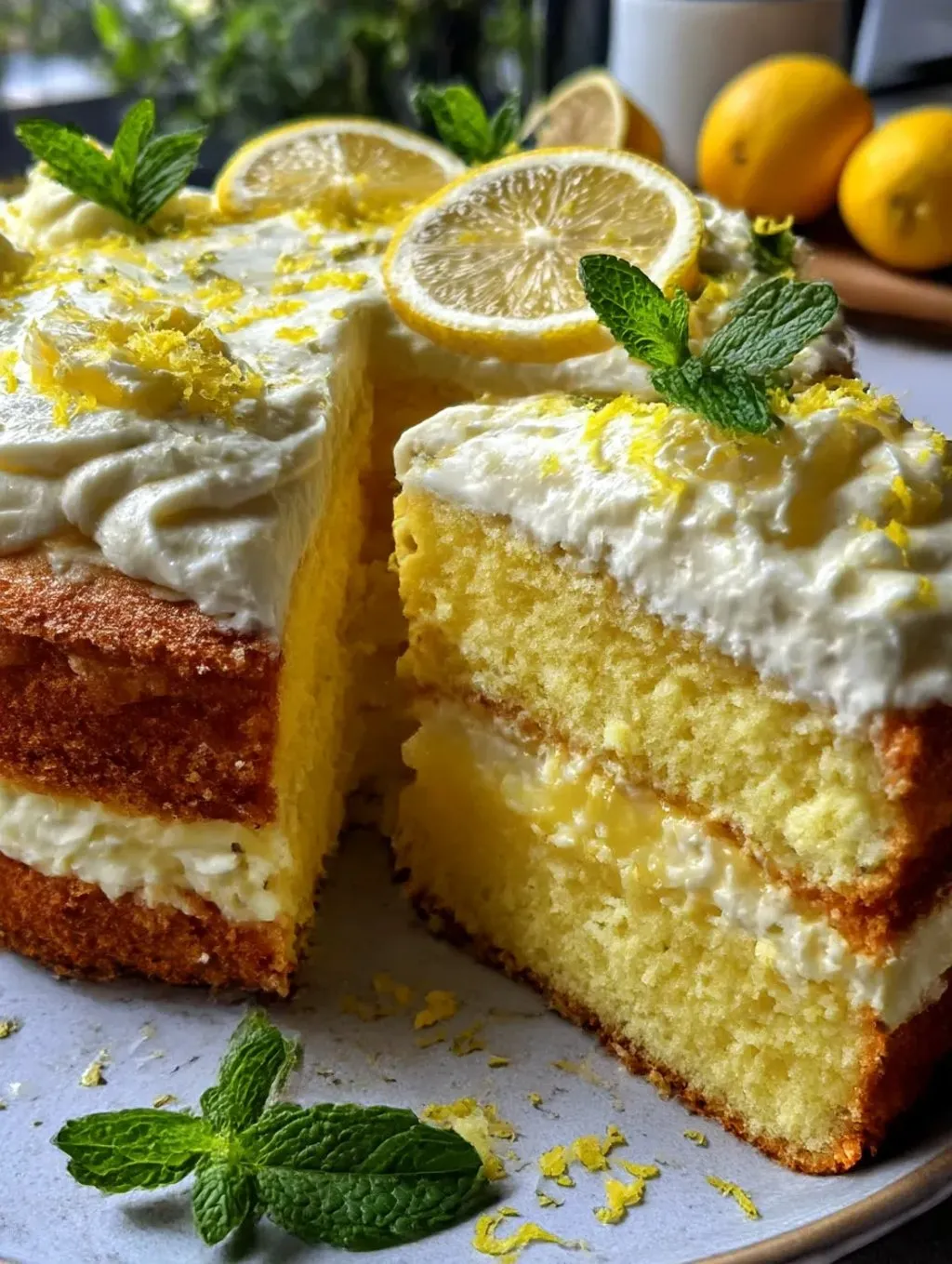 A slice of lemon cake with lemon wedges on top.