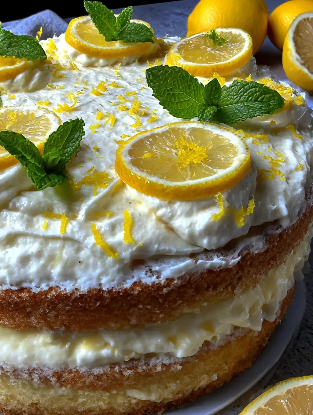 A slice of lemon cake with lemon slices on top.