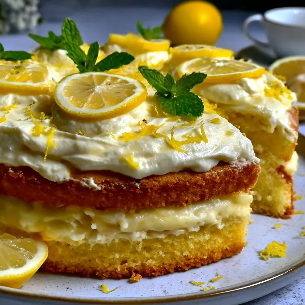 A slice of lemon cake with lemon wedges on top.