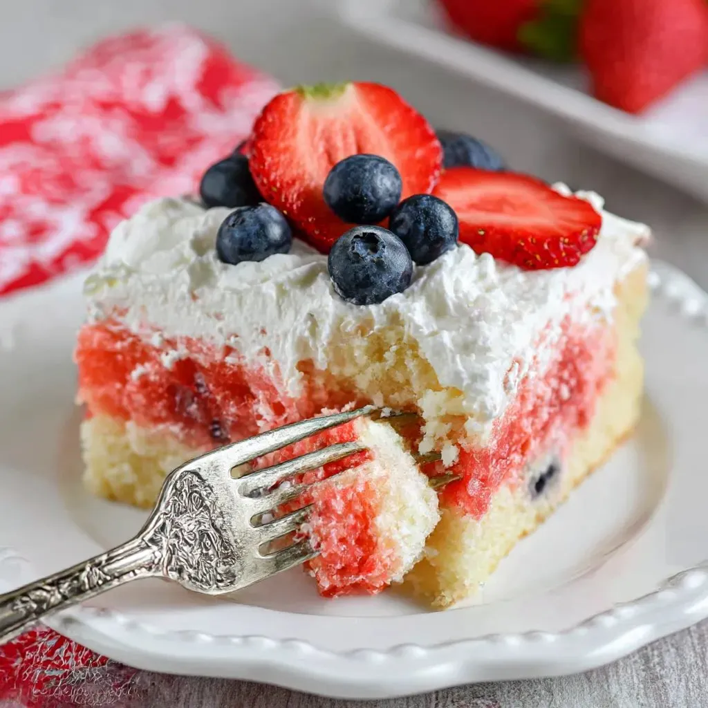 A slice of cake with strawberries and blueberries on top.