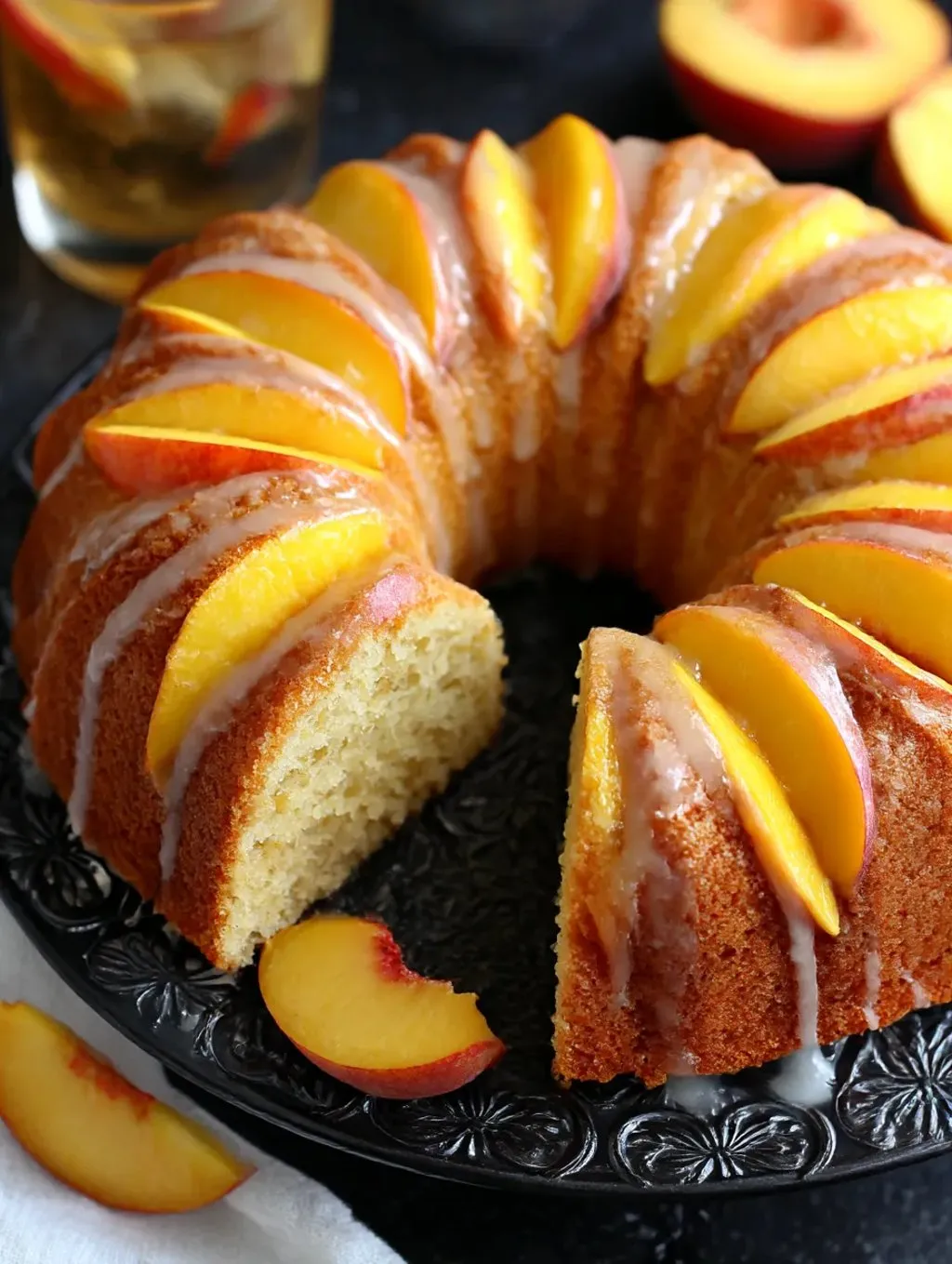 A peach buttermilk pound cake is displayed on a plate.