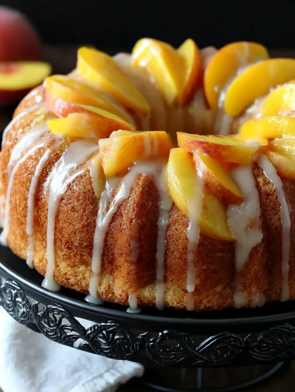 A peach buttermilk pound cake is displayed on a plate.