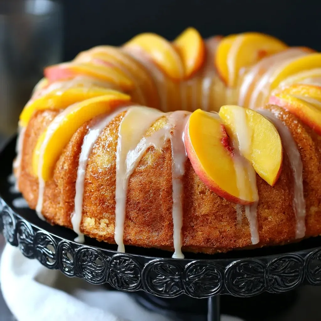 A peach buttermilk pound cake is displayed on a plate.