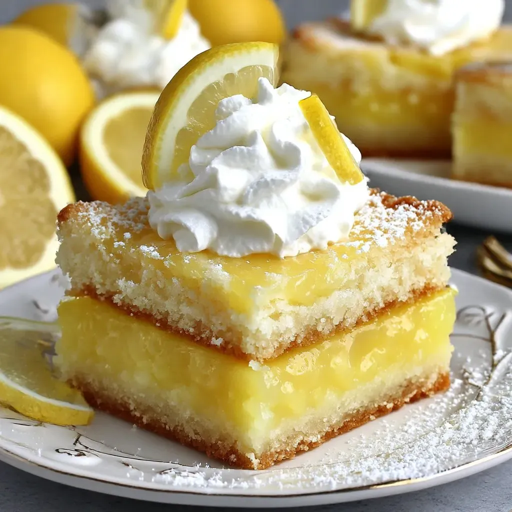 A slice of lemon dump cake with whipped cream on top.