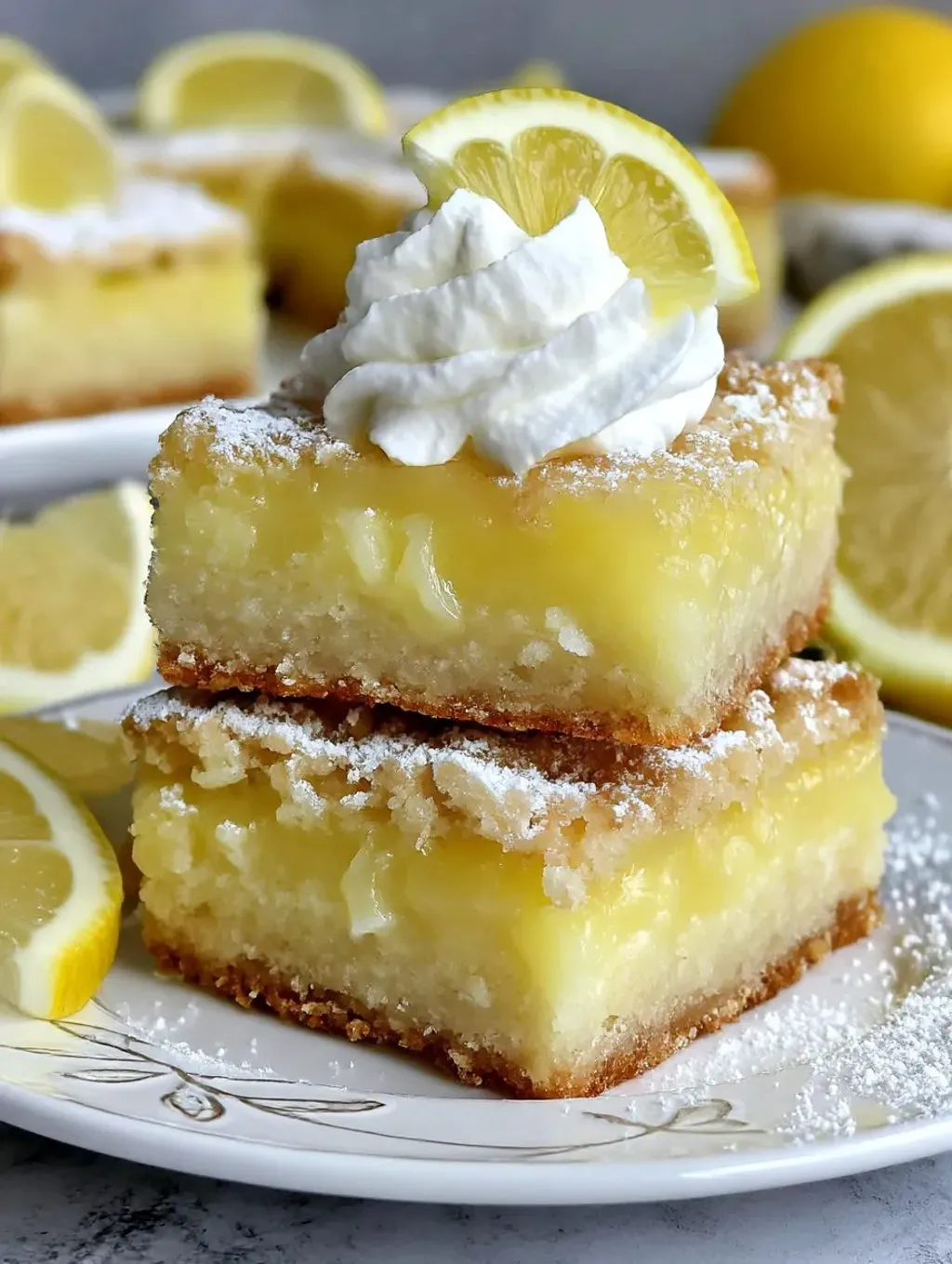 A slice of lemon dump cake with powdered sugar on top.