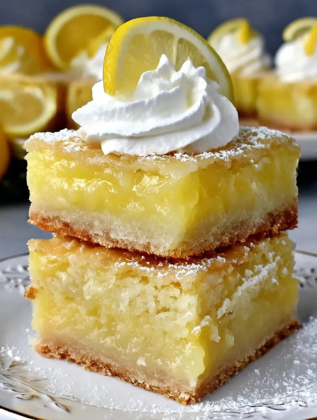 A slice of lemon dump cake with whipped cream on top.
