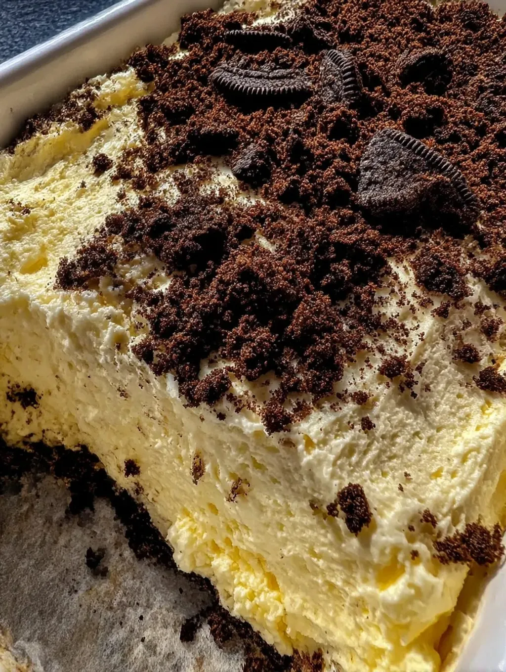 A close up of a delicious Oreo Dirt Cake.