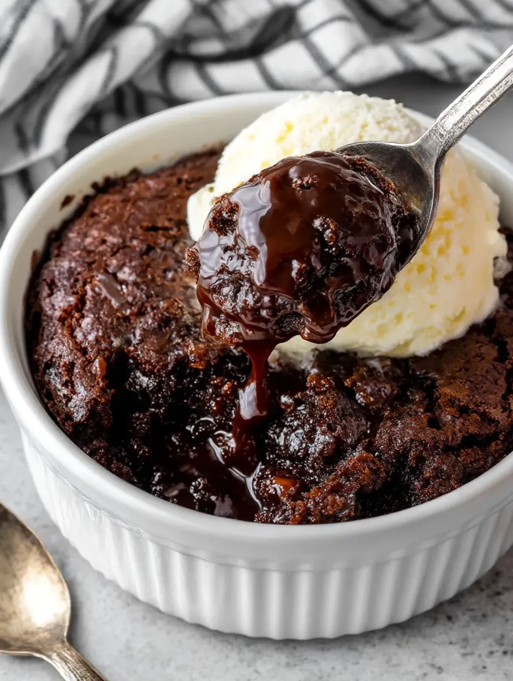A spoon is in a bowl of chocolate cake.