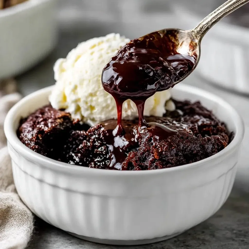 A bowl of hot fudge cake with a spoon in it.