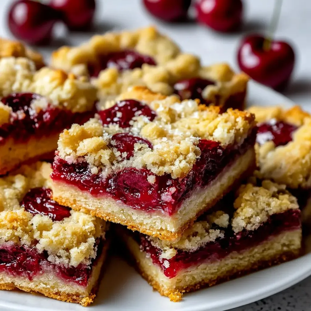 A plate of cake with cherries on top.