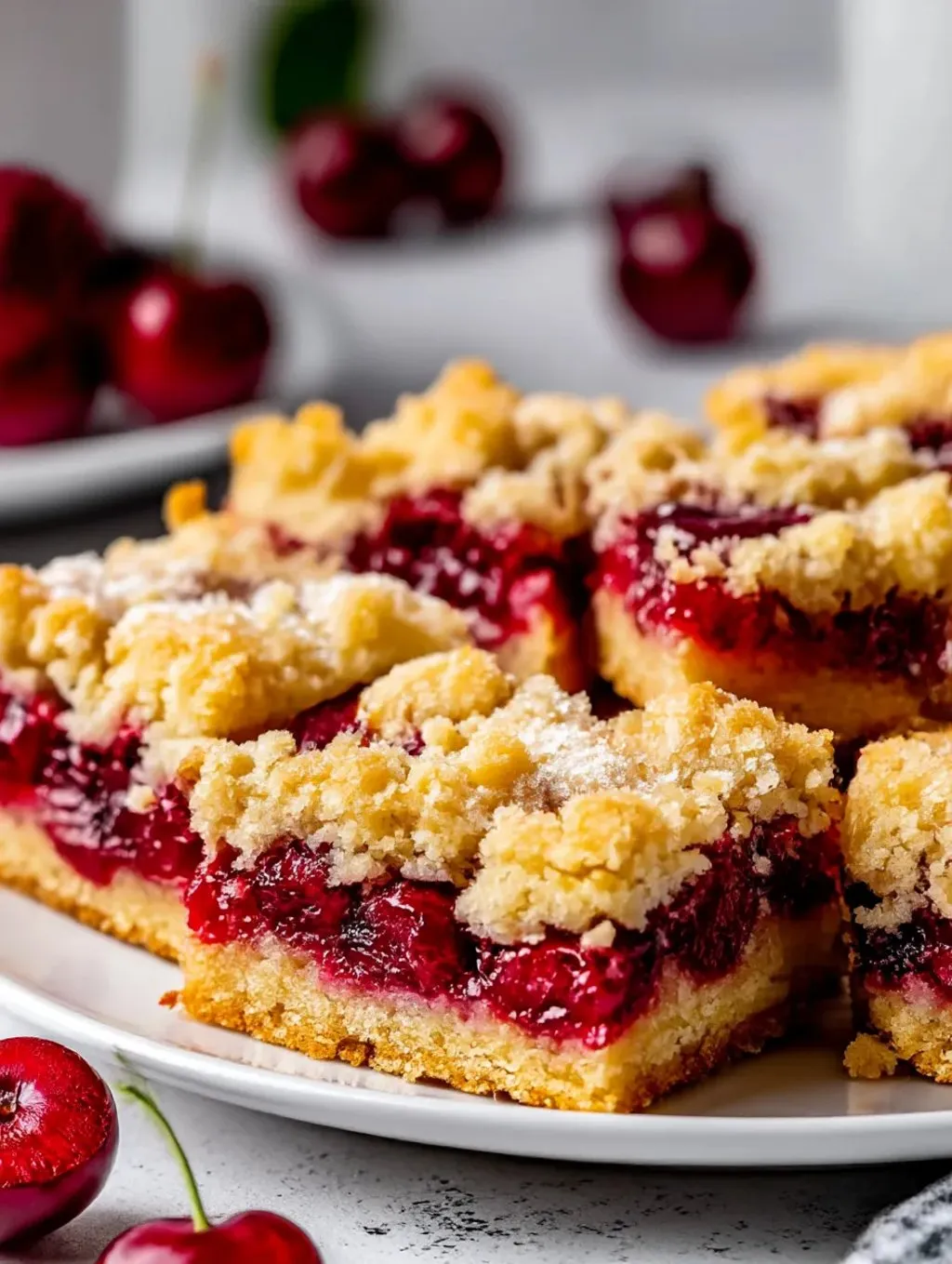 A plate of cake with cherries on top.