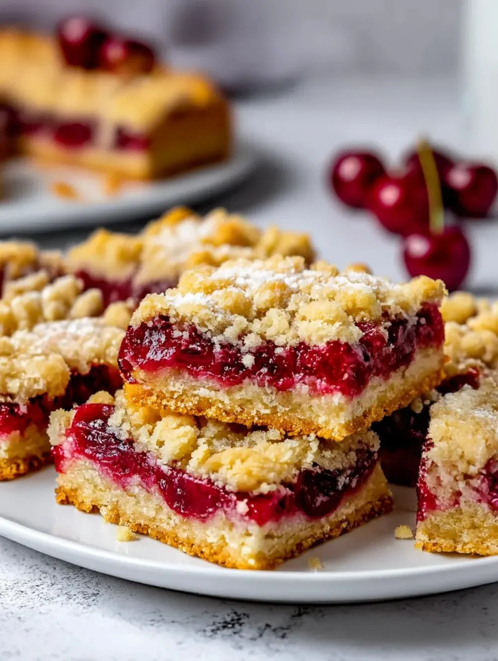 A plate of cake with cherries on top.