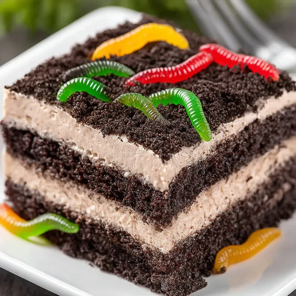 A slice of Oreo dirt cake with green and red worms on top.