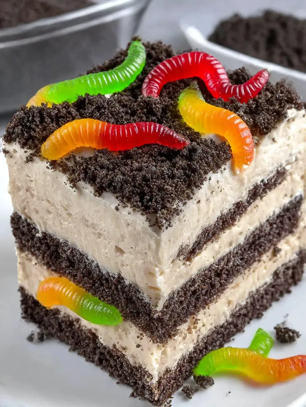 A slice of Oreo dirt cake with green and yellow candies on top.