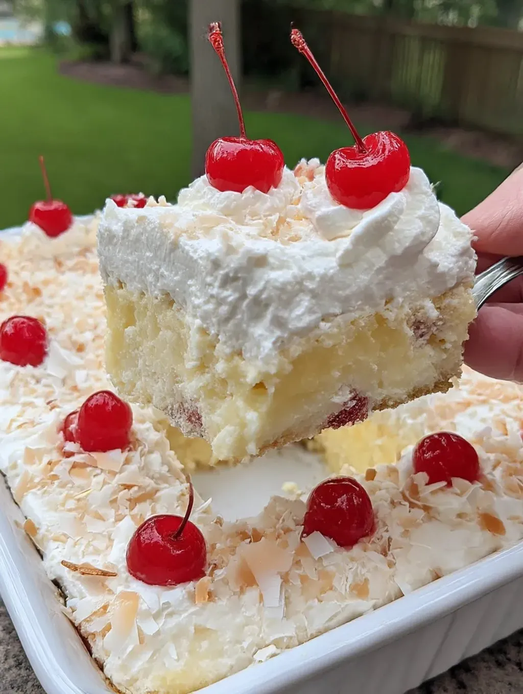 A slice of a Piña Colada Poke Cake.