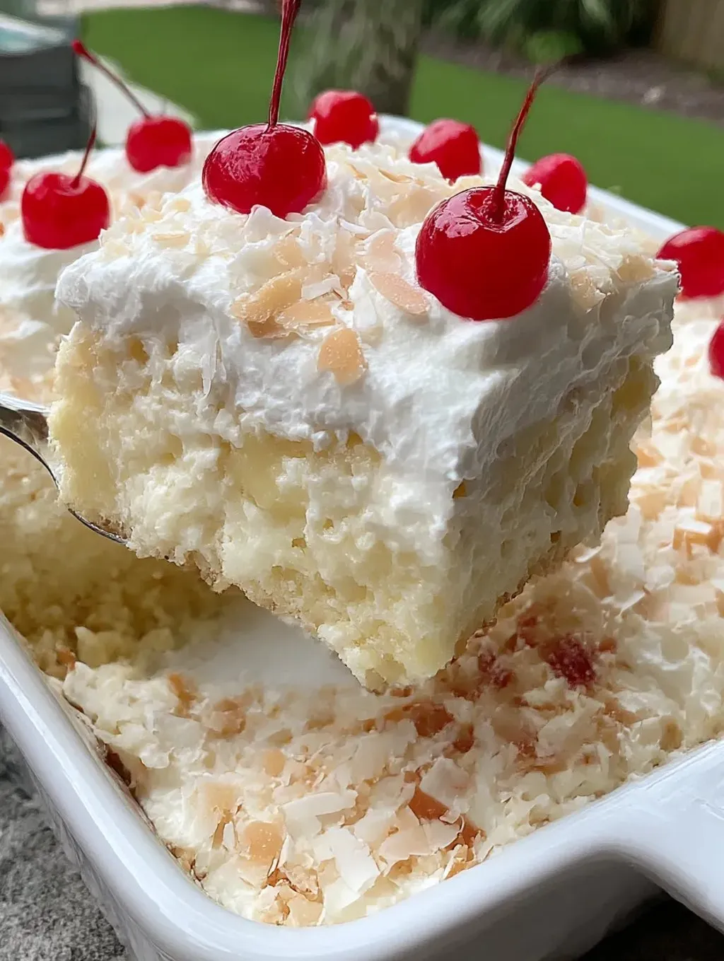 A slice of a pina colada poke cake.