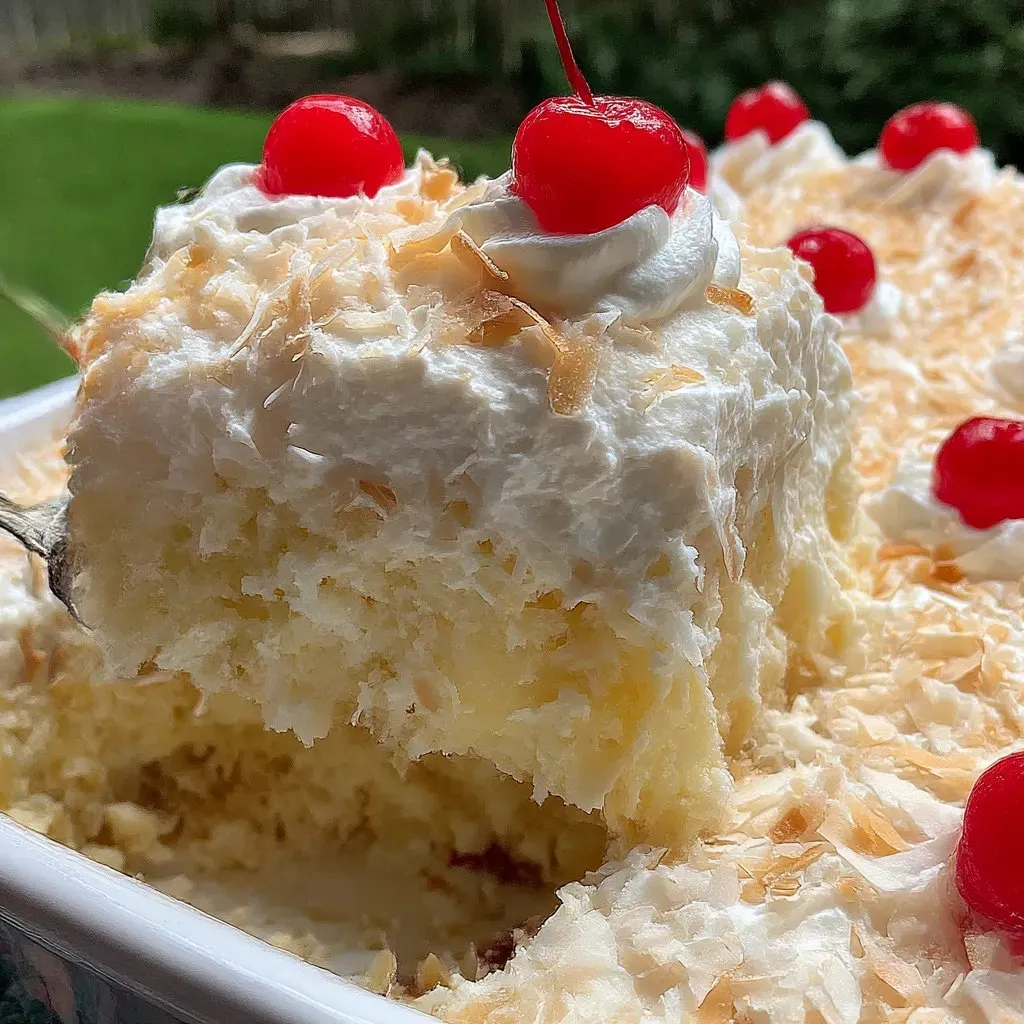 A slice of a Piña Colada Poke Cake.