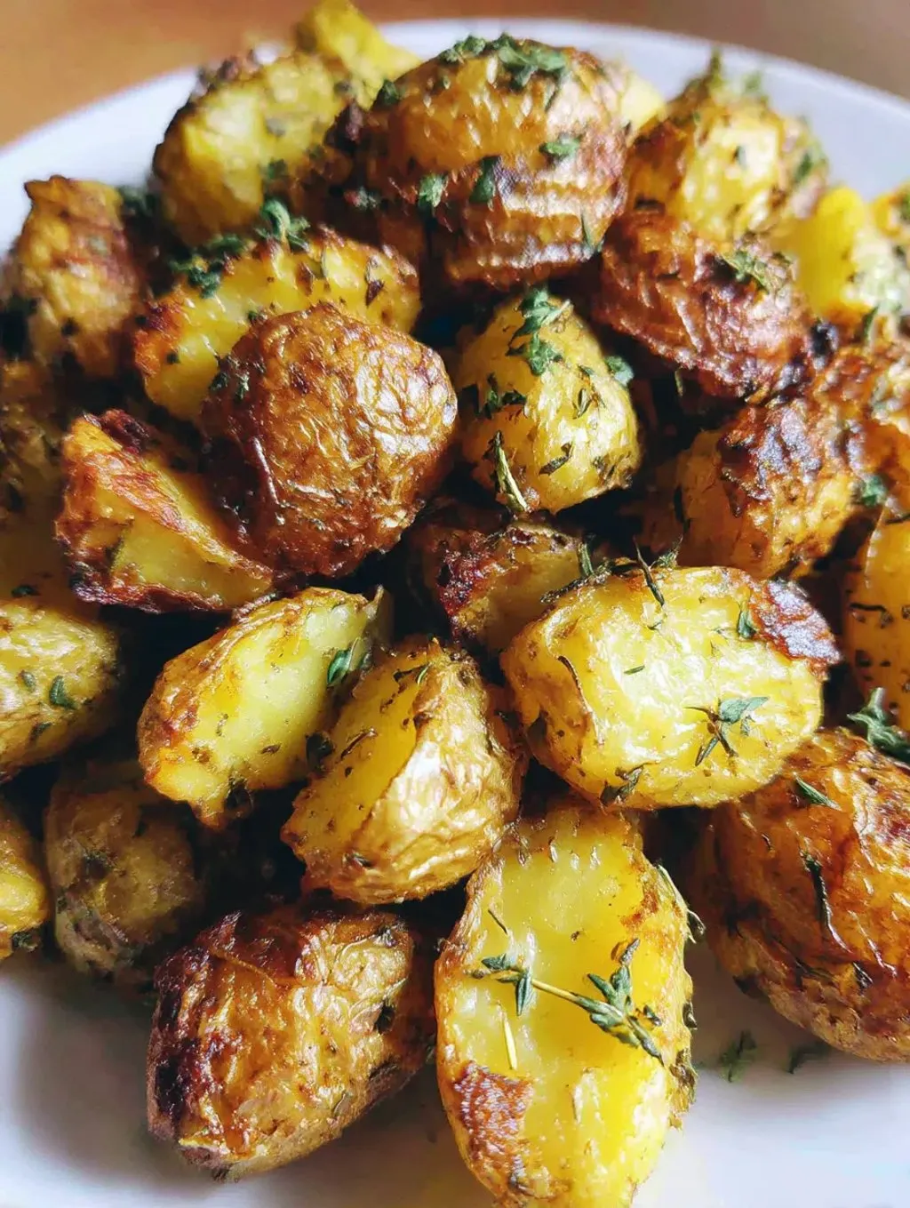 A plate of potatoes with herbs on top.