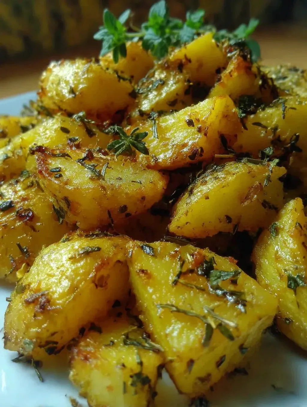 A plate of potatoes with herbs on top.
