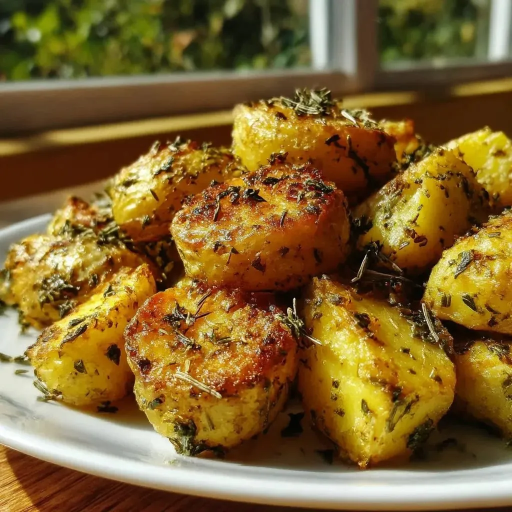 A plate of potatoes with herbs on top.