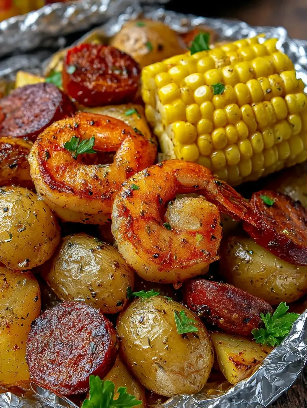 A foil pack of shrimp, corn, potatoes, and smoked sausage.