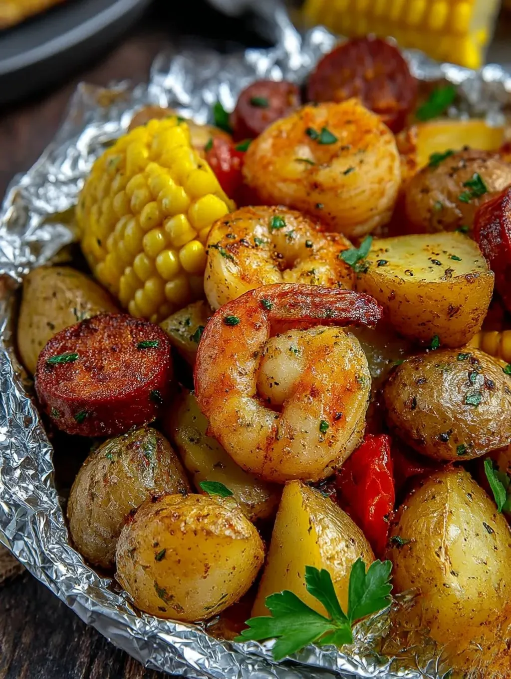 A foil pack of shrimp, corn, potatoes, and smoked sausage.