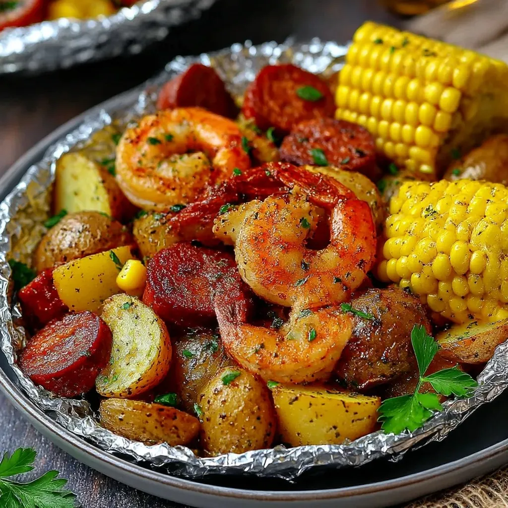A foil packed meal of shrimp, corn, potatoes, and smoked sausage.