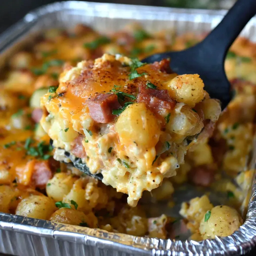 A BBQ Breakfast Scrambler is served in a tin foil dish.