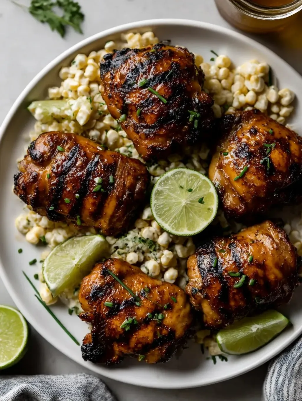 A plate of grilled chicken with lime corn salad.