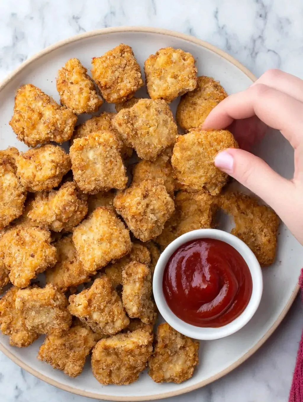 A plate of air fryer chicken nuggets.
