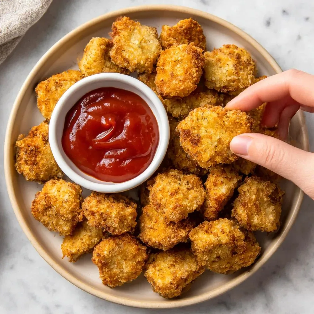A person is holding a plate of air fryer chicken nuggets.