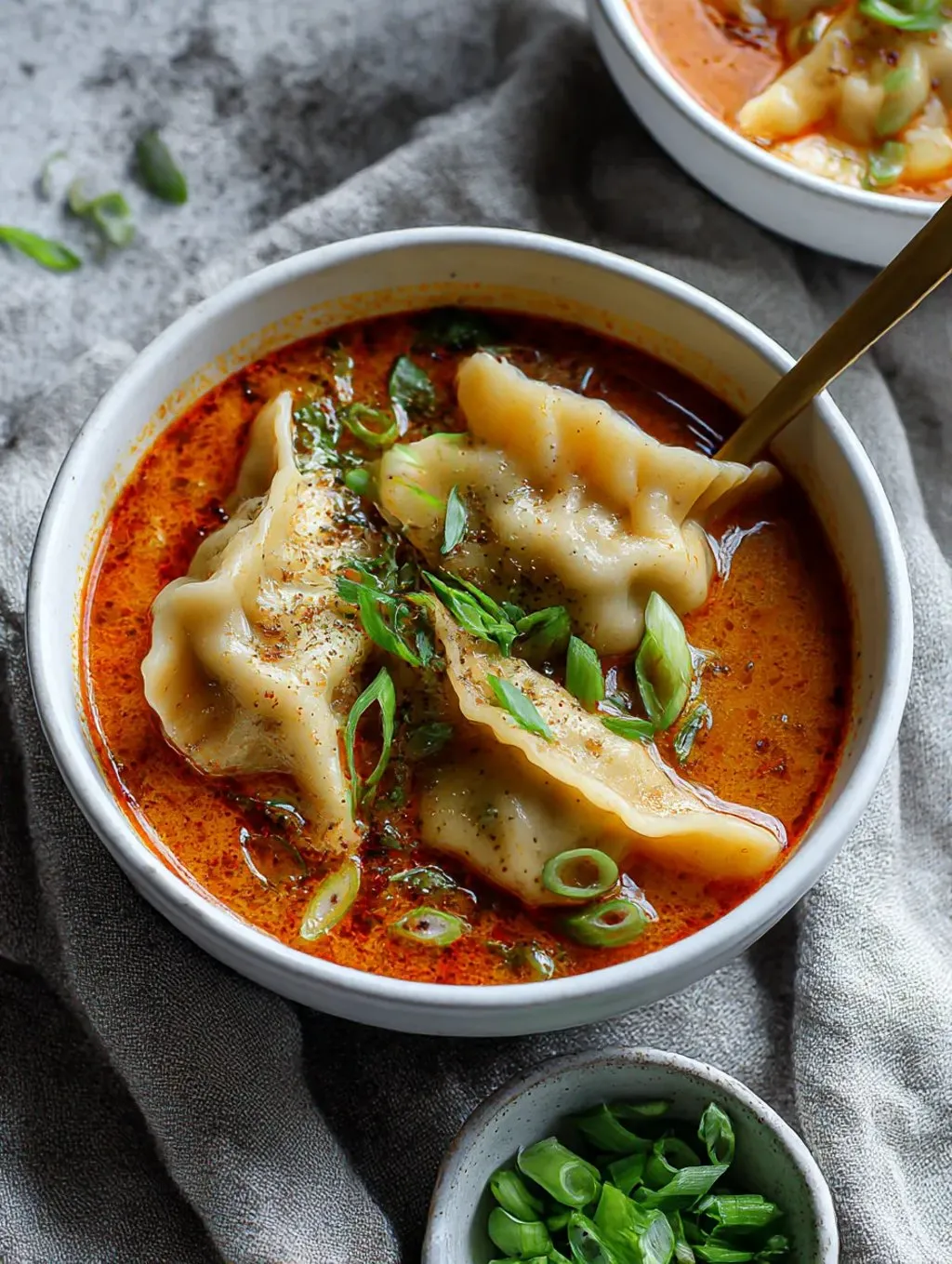 A bowl of soup with dumplings and green onions.