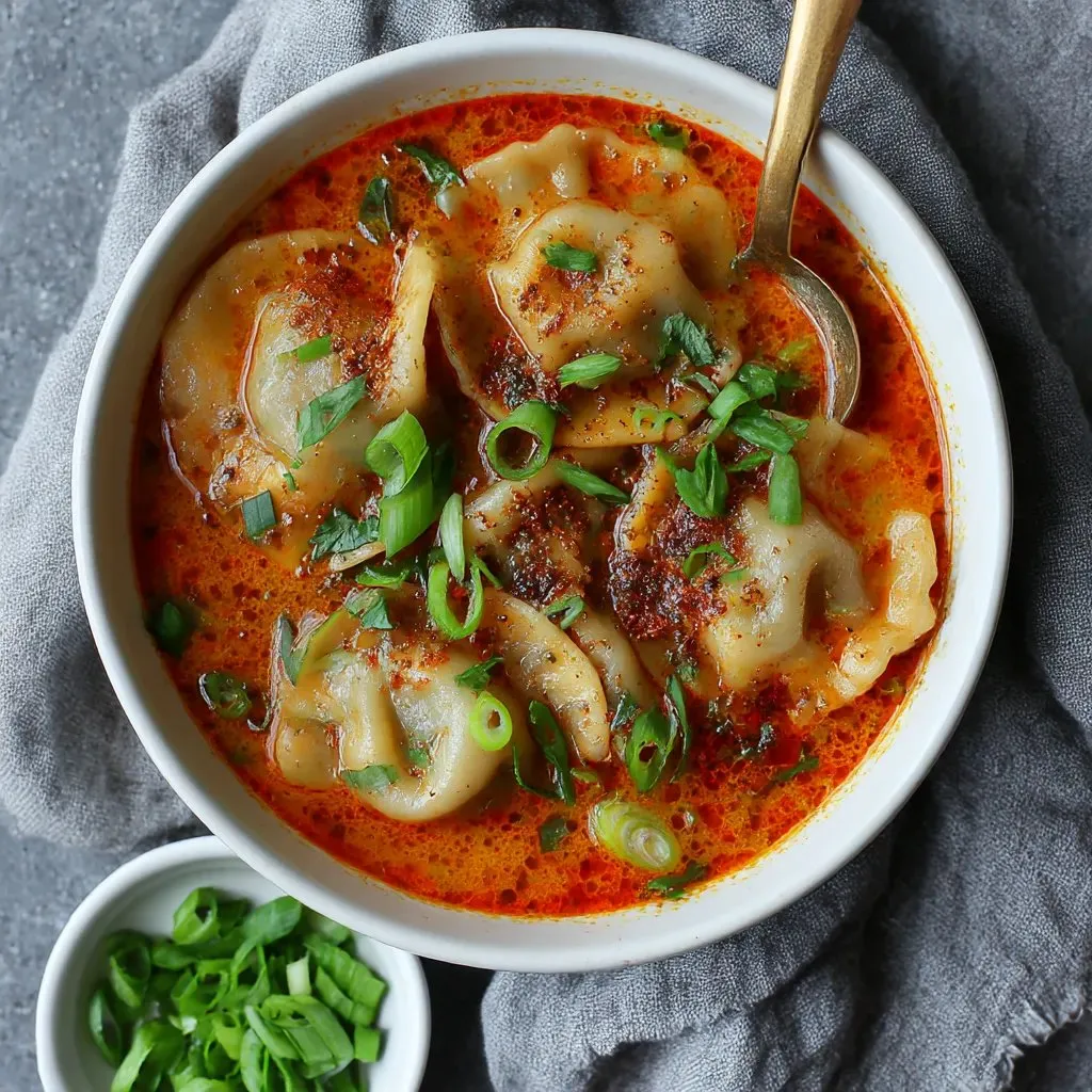 A bowl of soup with dumplings and green onions.