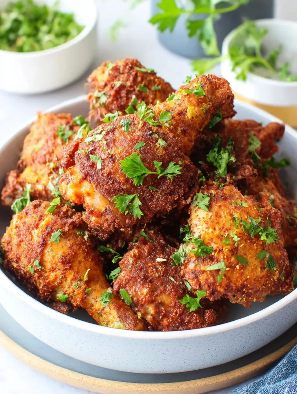 A bowl of chicken with greens on top.